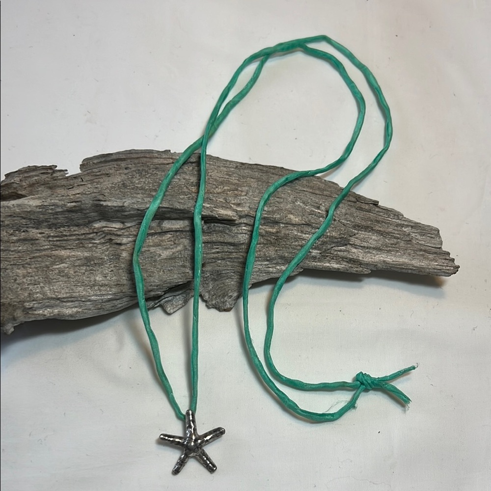 Silver Starfish Pendant on Green Cord Necklace